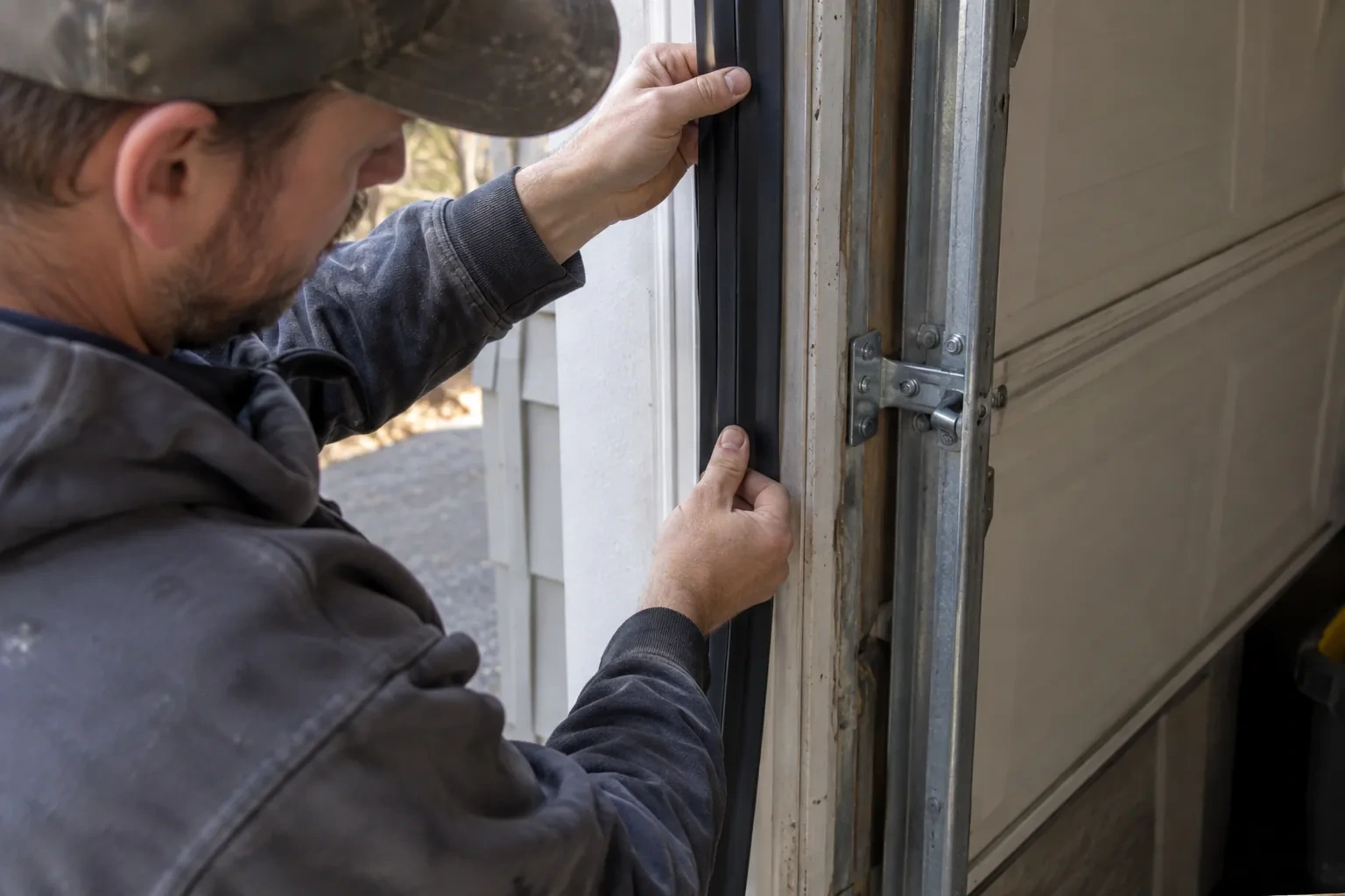 Hands pressing a black rubber strip along a wooden door frame beside a metal track and a hinge bracket. — Toronto