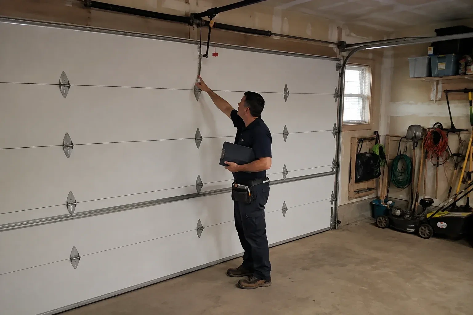 A person holding a clipboard examines the interior hardware of a closed garage door. — Garage Door Tune-Up, Toronto