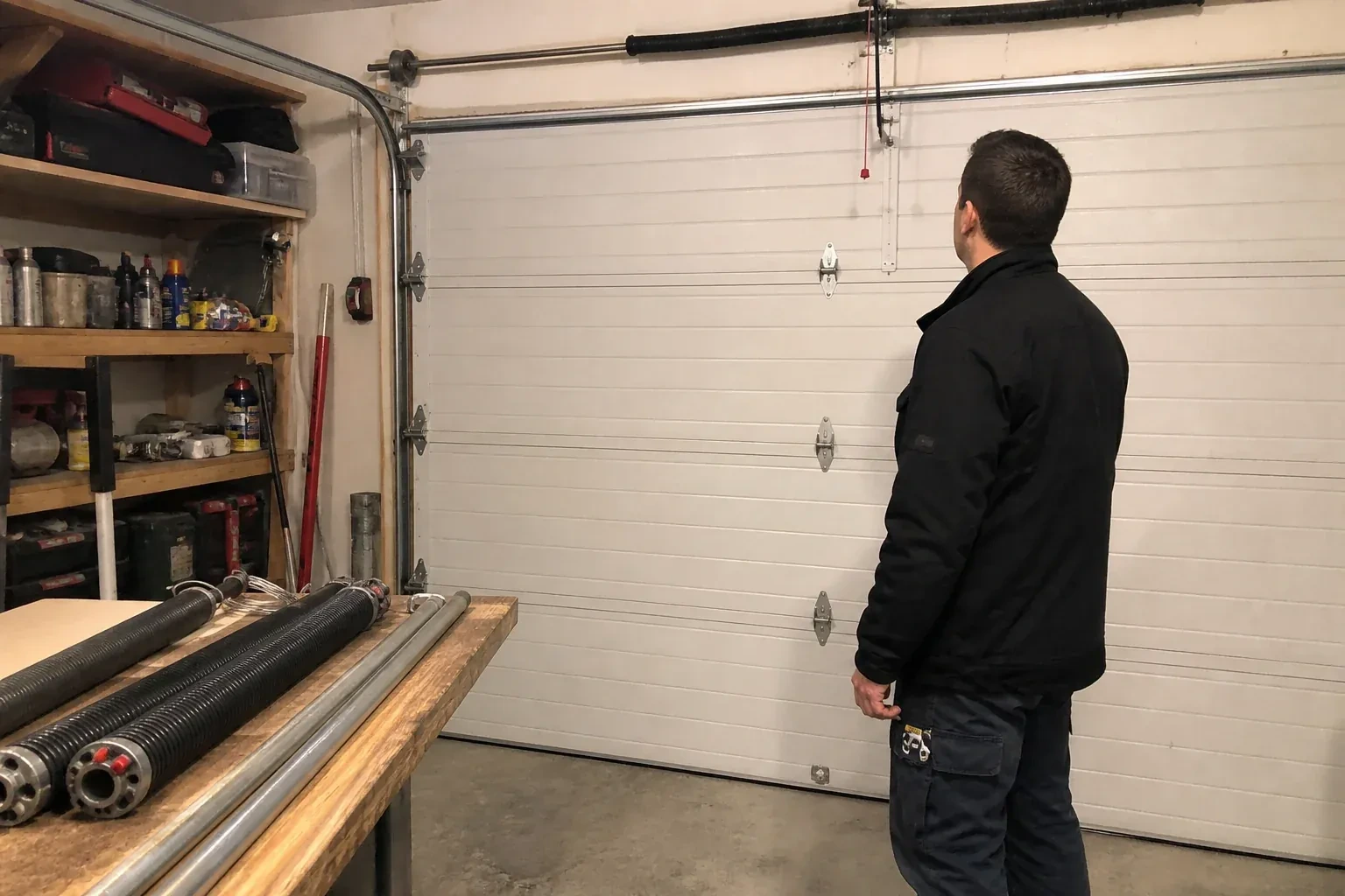 Person in a jacket facing a closed white sectional door, with coiled springs and steel tubes on a wooden bench. — Extension Spring Replacement, Downsview