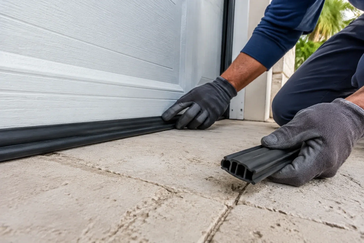 Gloved hands setting a black rubber seal along the base of a white garage door, holding a ribbed strip over paving stones. — Garage Door Bottom Seal Replacement, Downsview