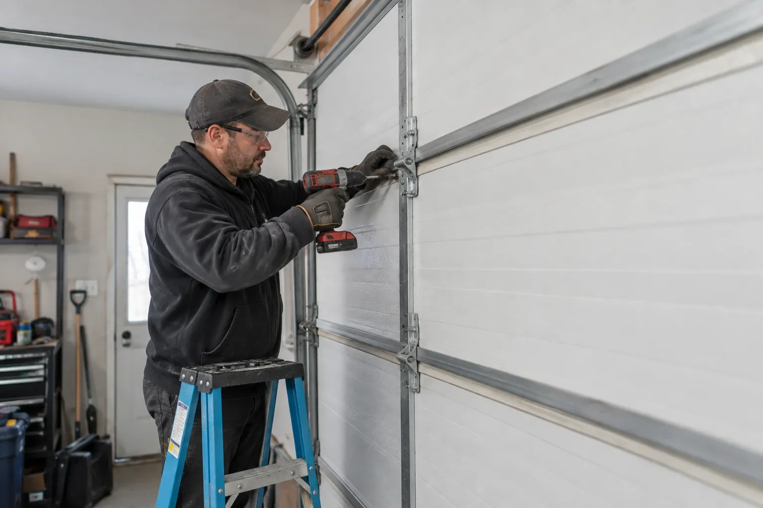 Technician on a blue ladder using a red cordless drill at a steel hinge on a white sectional garage door.