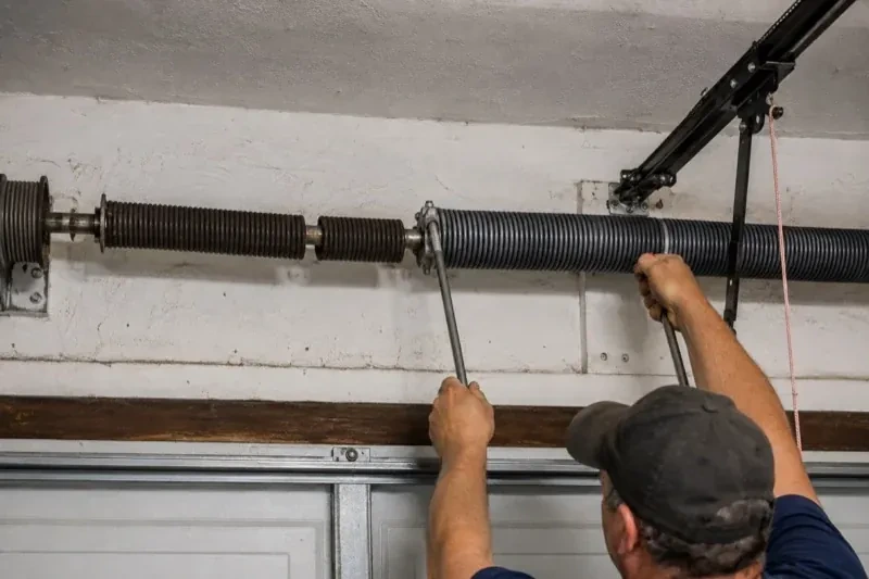Person holding metal bars beside exposed coiled springs above a garage door. — Torsion Spring Replacement, Toronto