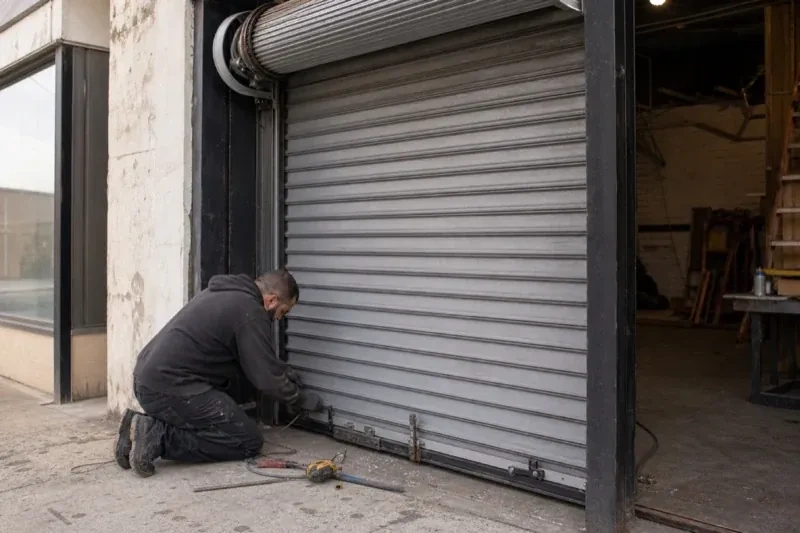 Person kneeling beside the bottom of a metal rolling door with tools on the ground — Commercial Rolling Door Repair, Toronto