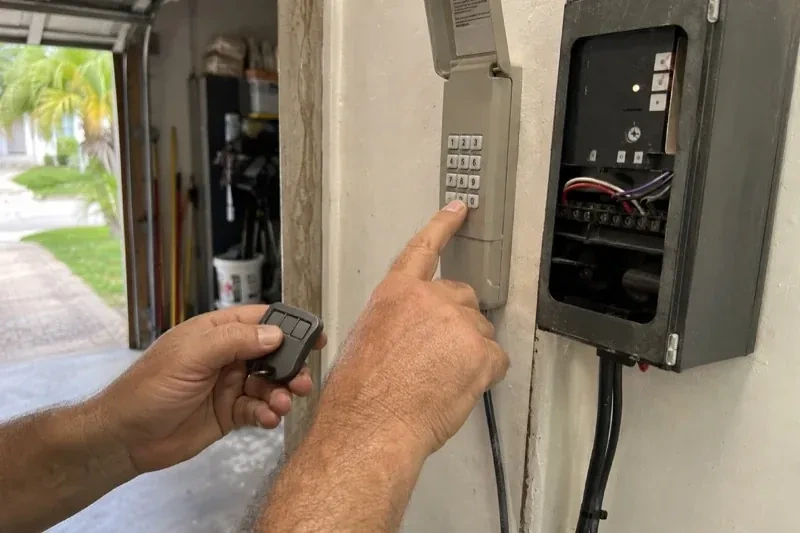 Hands holding a small remote and pressing a wall-mounted keypad beside an open control box with visible wiring. — Garage Door Remote and Keypad Programming, Toronto