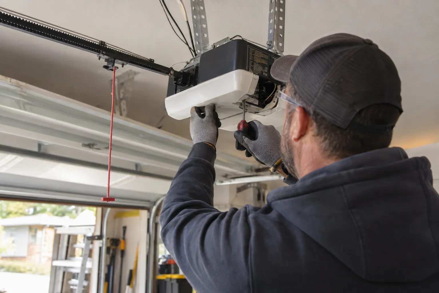 Technician in a mesh cap lifting the white cover of a ceiling opener while a red screwdriver points at the wiring inside.