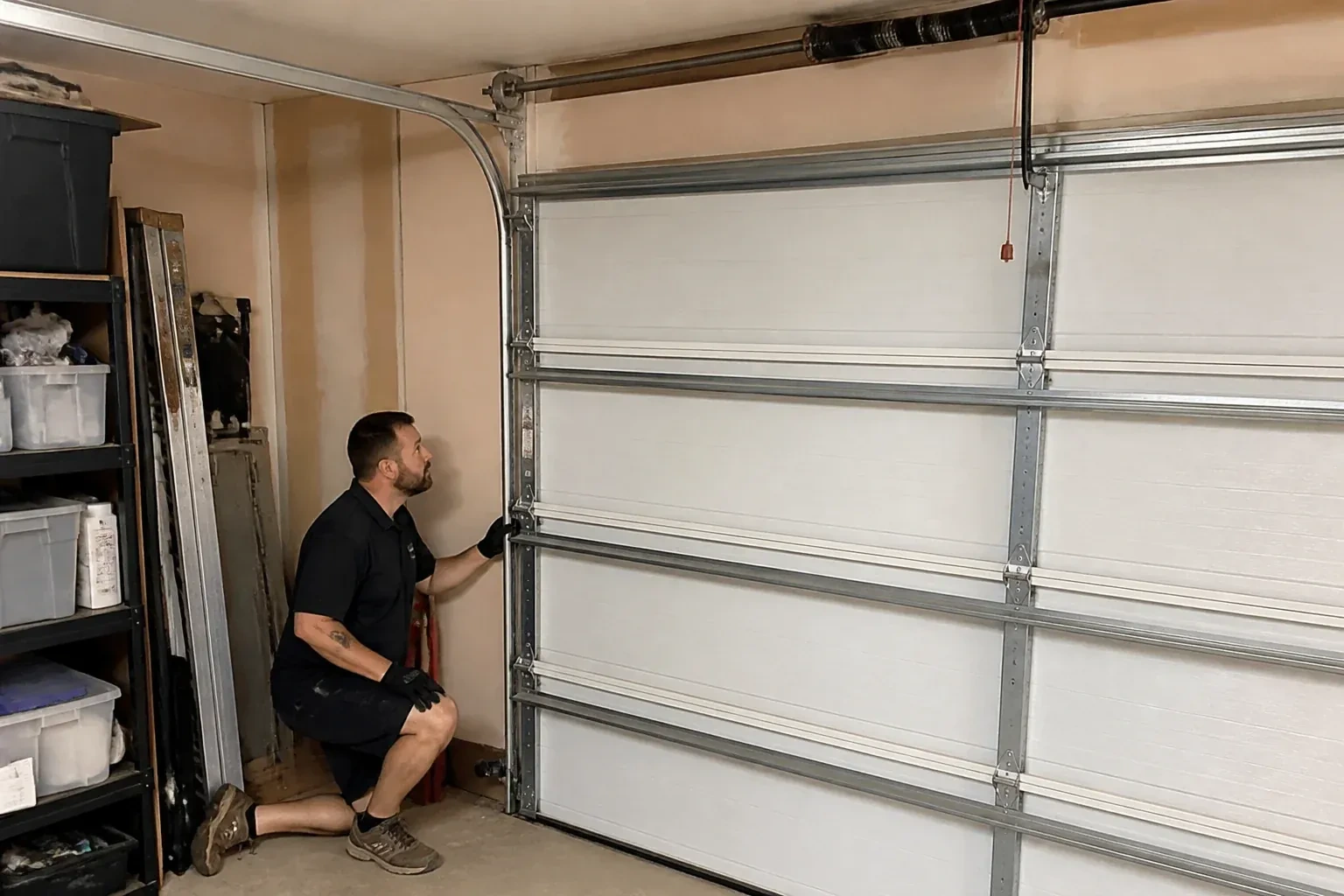 A person examines the vertical side track of a closed garage door. — Garage Door Track Repair or Replacement, Downsview